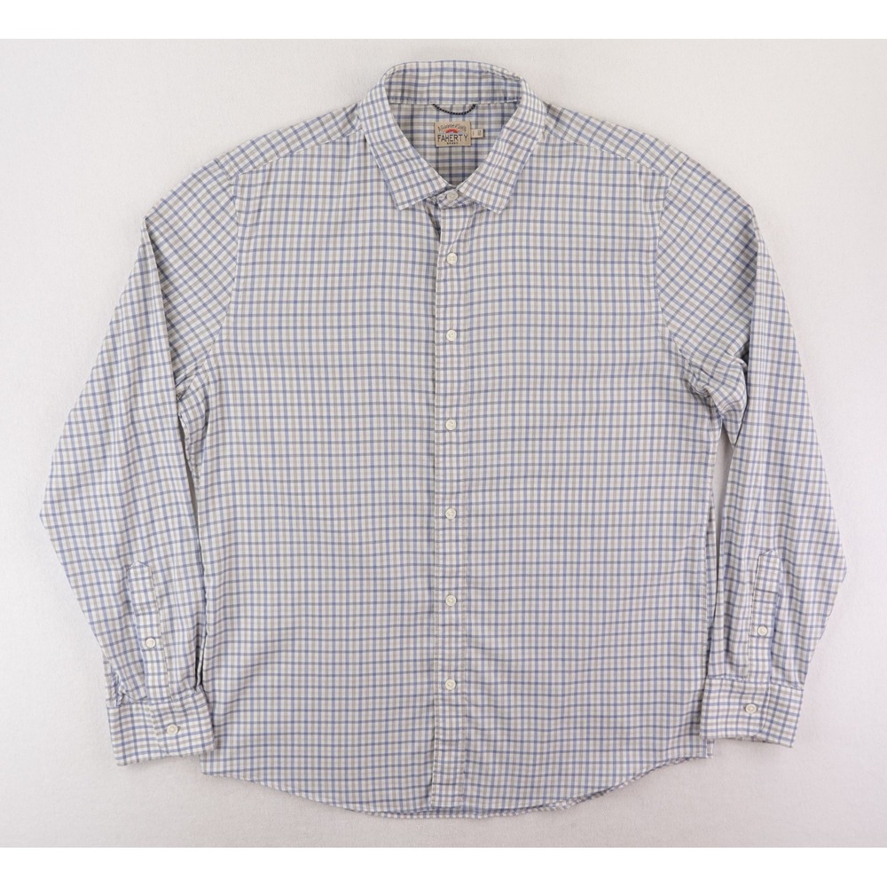 Faherty The Movement Shirt Mens Medium White Gray Blue Plaid Stretch Button Down